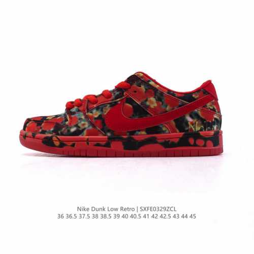 耐克Nike Dunk Low 板鞋 Sb系列 红色 花朵印花鞋面 经典百搭休闲运动板鞋加厚鞋舌的填充，使舒适性大大提升，同时也更方便穿脱中底部分则加入了脚感柔