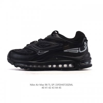 新品公司级 耐克 Nike X Supreme Air Max 98 Tl 运动鞋 低帮经典复古百搭休闲运动气垫慢跑鞋,黑色、圆头、正面系带、Logo印花鞋舌、