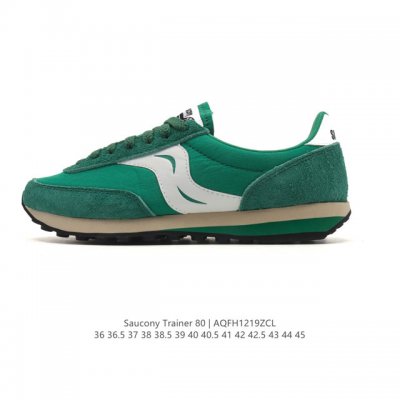 新品 Saucony Trainer 80 柔软舒适 防滑耐磨 低帮 薄底风 复古休闲鞋 男女同款 材质上，鞋面主要是用褶皱尼龙面料和麂皮材质拼接，层次感更加的