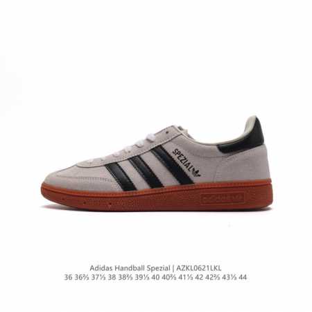 阿迪达斯 Adidas HANDBALL SPEZIAL 低帮三叶草学院风复古休闲板鞋 德训鞋 橡胶底柔软皮革经典运动鞋板鞋。圆头、缝合拼接设计、正面绑带、鞋舌 - 点击图像关闭