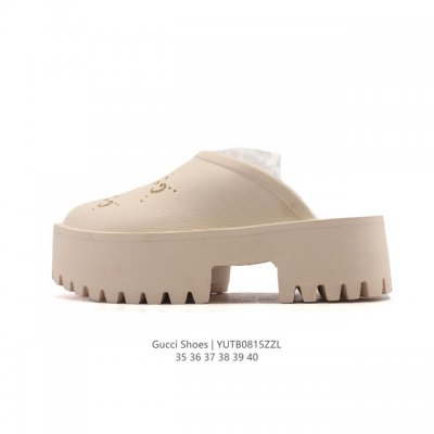 Gucci 古驰 2025夏最新包头拖鞋 女士高跟鞋 方跟 粗跟 时尚潮流百搭女士拖鞋 双G老花一字拖 厚底增高女士凉拖鞋 沙滩鞋休闲舒适拖鞋。 尺码：35-4