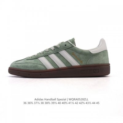 阿迪达斯 Adidas Handball Spezial 低帮三叶草学院风复古休闲板鞋 德训鞋 橡胶底柔软皮革经典运动鞋板鞋 圆头 缝合拼接设计 正面绑带 鞋舌