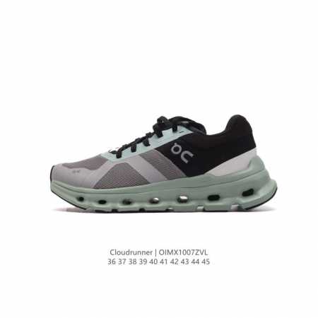 On昂跑丨cloudrunner 2 运动跑步鞋 厚底增高老爹鞋。延续加宽中底设计，结合后跟 Tpu 贴片，再怎么变速，都紧跟脚步。宽厚鞋底，托住每一步、平稳落 - 点击图像关闭
