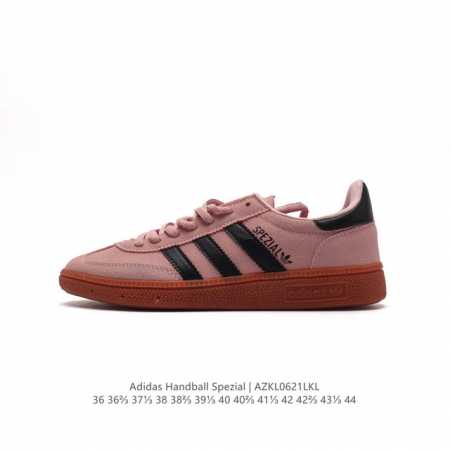 阿迪达斯 Adidas HANDBALL SPEZIAL 低帮三叶草学院风复古休闲板鞋 德训鞋 橡胶底柔软皮革经典运动鞋板鞋。圆头、缝合拼接设计、正面绑带、鞋舌 - 点击图像关闭