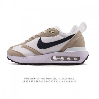 耐克 Nike Air Max Dawn 黎明系列 低帮气垫百搭休闲运动慢跑鞋，从配色上彰显出浓厚的复古气质。最大的亮点当属鞋型设计上加入结构元素，汲取1984