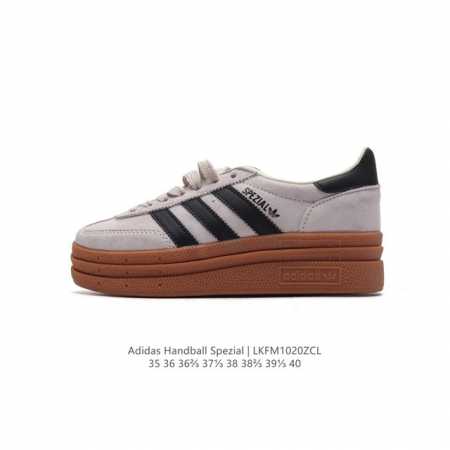 阿迪达斯 Adidas HANDBALL SPEZIAL 低帮三叶草学院风复古厚底增高休闲板鞋 德训鞋 橡胶底柔软皮革经典运动鞋板鞋。圆头、缝合拼接设计、正面绑 - 点击图像关闭