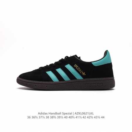 阿迪达斯 Adidas HANDBALL SPEZIAL 低帮三叶草学院风复古休闲板鞋 德训鞋 橡胶底柔软皮革经典运动鞋板鞋。圆头、缝合拼接设计、正面绑带、鞋舌 - 点击图像关闭