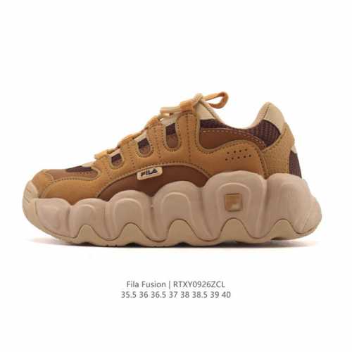 Fila 斐乐女鞋 2025官方新款透气猫爪鞋厚底增高老爹鞋时尚复古运动鞋 鞋身采用皮革透气网面面料，时尚而又精致。采用均衡性能的发泡科技材料，提供均衡重量、回
