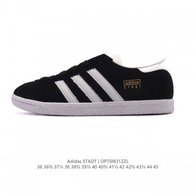 新品 阿迪达斯 Adidas Stadt 舒适透气 百搭潮流 复古时尚 德训鞋 柔软舒适 防滑耐磨 低帮 运动板鞋 男女同款。休闲鞋特色：设计师大胆选择粉色打底