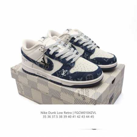 耐克 Nike Dunk Low Retro 运动鞋复古板鞋 路易威登联名。作为 80 年代经典篮球鞋款，起初专为硬木球场打造，后来成为席卷街头的时尚标杆，现以 - 点击图像关闭