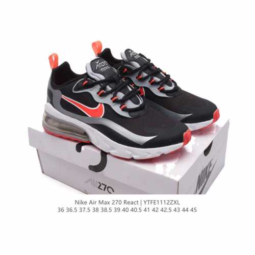 公司级 耐克nike Air Max 270 React 缓震气垫休闲运动鞋，具备时尚风格和舒适感受，演绎未来风范。柔软泡棉中底搭载大体积 Max Air 气垫