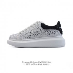 340 【公司级】 Alexandermcqueen 亚历山大·麦昆Mcq 运动小白鞋 鞋面贴钻 闪亮钻石 厚底增高闪尾光滑牛皮平底鞋休闲鞋 时尚男女板鞋潮运动