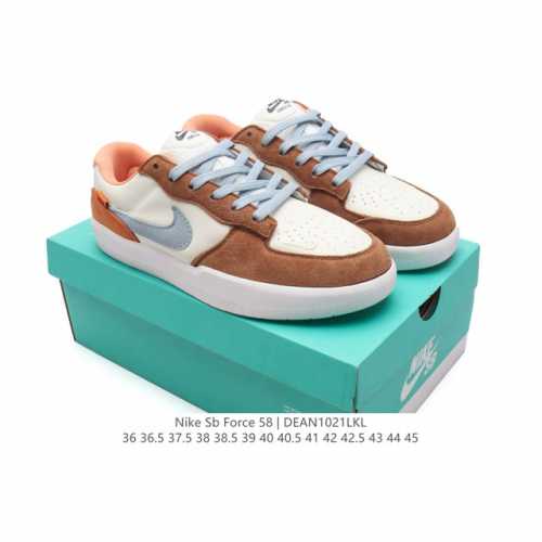 耐克Nike SB Force 58 运动滑板鞋。这是一款将前沿创新带入街头的单品，它具有硫化杯底，具有出色的耐用性和灵活性。使用柔软皮革和帆布拼接，在饰面上放