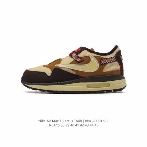 耐克 Travis Scott X Nike Air Max 1 “Cactus Jack” Ts联名款运动鞋 厚底增高板鞋，鞋款采用浅黄色打造鞋面，在鞋款前后
