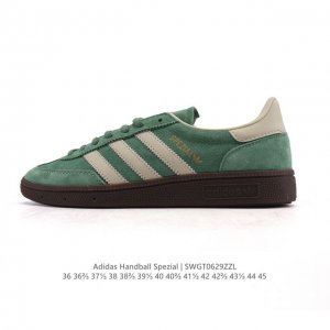 阿迪达斯 Adidas Handball Spezial 低帮三叶草学院风复古休闲板鞋 德训鞋 橡胶底柔软皮革经典运动鞋板鞋。圆头、缝合拼接设计、正面绑带、鞋舌