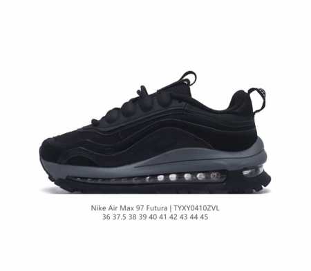 Nike 耐克 Nike Air Max 97 Futura 气垫缓震跑步鞋 厚底增高百搭运动鞋。以织物材料以及麂皮材质搭配而成 鞋侧的走线部分做了一个解构的处 - 点击图像关闭