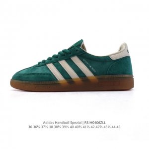 阿迪达斯 Adidas Handball Spezial 低帮三叶草学院风复古休闲板鞋 德训鞋 橡胶底柔软皮革鞋面经典运动鞋板鞋。圆头、缝合拼接设计、正面绑带、