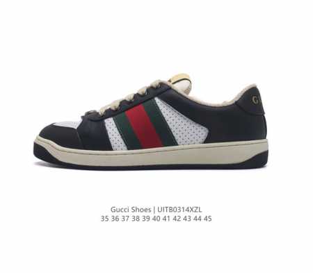 古驰男女板鞋 Gucci Screener系列做旧脏脏鞋时尚厚底增高复古板鞋潮运动鞋 复古学院风款式与融入怀旧运动服风格的面料风靡数十年 不同风格演绎出的协奏之 - 点击图像关闭