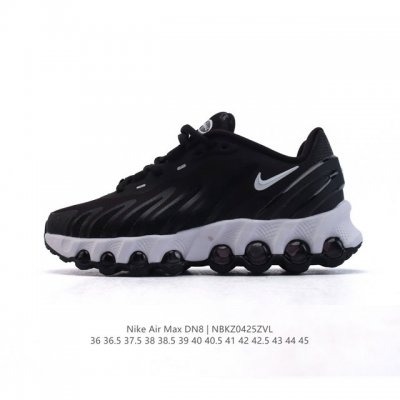 公司级 耐克 Nike Air Max Dn8 全掌气垫科技运动跑步鞋Fq7860-005。鞋款采用醒目渐变织物和动态波浪状结构鞋面，搭配黑色中底和外底，以及迷