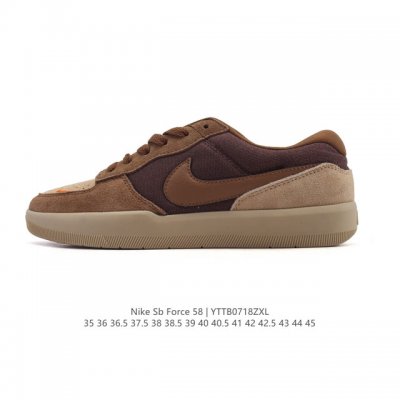 耐克Nike Sb Force 58 运动滑板鞋。这是一款将前沿创新带入街头的单品，它具有硫化杯底，具有出色的耐用性和灵活性。使用柔软皮革织物拼接，在饰面上放置