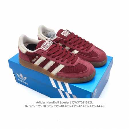 公司级 阿迪达斯 Adidas Handball Spezial 低帮三叶草学院风复古休闲板鞋 德训鞋 橡胶底柔软皮革经典运动鞋板鞋。圆头、缝合拼接设计、正面绑 - 点击图像关闭