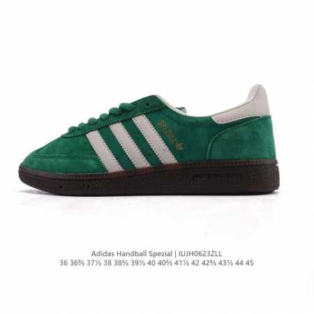 公司级 阿迪达斯 Adidas Handball Spezial 低帮三叶草学院风复古休闲板鞋 德训鞋 橡胶底柔软皮革经典运动鞋板鞋。圆头、缝合拼接设计、正面绑 - 点击图像关闭