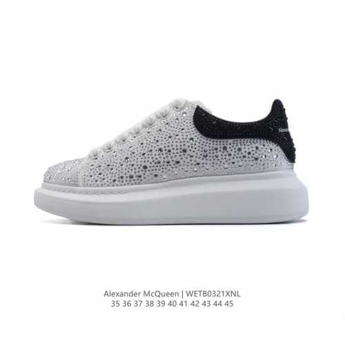 340 【公司级】 Alexandermcqueen 亚历山大·麦昆Mcq 运动小白鞋 鞋面贴钻 闪亮钻石 厚底增高闪尾光滑牛皮平底鞋休闲鞋 时尚男女板鞋潮运动