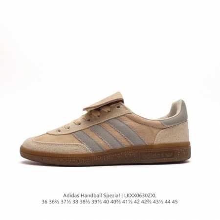 阿迪达斯 Adidas HANDBALL SPEZIAL 低帮三叶草学院风复古休闲板鞋 德训鞋 橡胶底柔软皮革经典运动鞋板鞋。圆头、缝合拼接设计、正面绑带、鞋舌 - 点击图像关闭