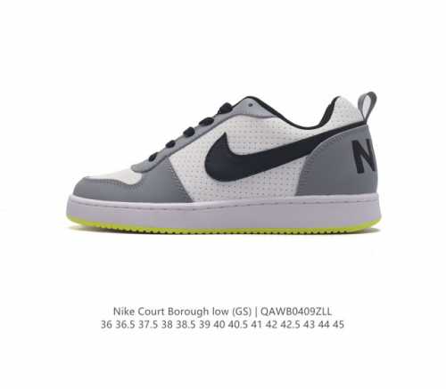 耐克 Nike 男女子运动鞋 Court Borough Low 小空军低帮板鞋。1.其皮革材质的鞋面结合网眼鞋舌，在出众外观与质感的同时提供稳固支撑，并且提升