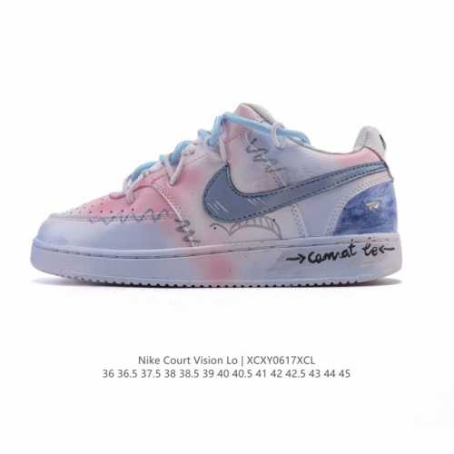 公司级 耐克 Nike Court Vision Lo校园风低帮复古篮球板鞋男女运动鞋 解构绑带 双鞋带。延续80年代复古篮球鞋，添加学院风细节。皮革组合鞋面，
