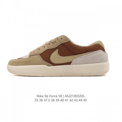 耐克Nike Sb Force 58 运动滑板鞋。这是一款将前沿创新带入街头的单品，它具有硫化杯底，具有出色的耐用性和灵活性。使用柔软皮革拼接，在饰面上放置通风