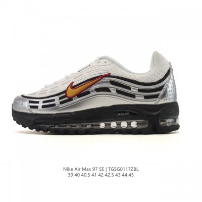 Nike 耐克 Nike Air Max 97 Se 气垫缓震男士跑步鞋 厚底增高百搭运动鞋。以织物材料以及皮革材质搭配而成 鞋侧的走线部分做了一个解构的处理，