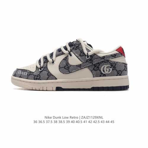 公司级 耐克 Nike Dunk Low Retro 运动鞋复古板鞋 解构绑带 双鞋带 Gucci 联名。作为 80 年代经典篮球鞋款，起初专为硬木球场打造，后