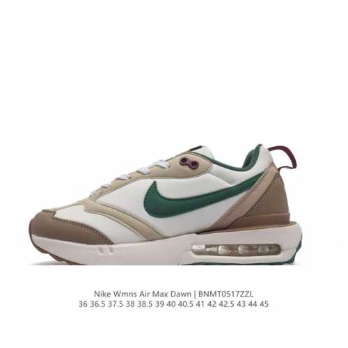 耐克 Nike Air Max Dawn 黎明系列 低帮气垫百搭休闲运动慢跑鞋，从配色上彰显出浓厚的复古气质。最大的亮点当属鞋型设计上加入结构元素，汲取1984