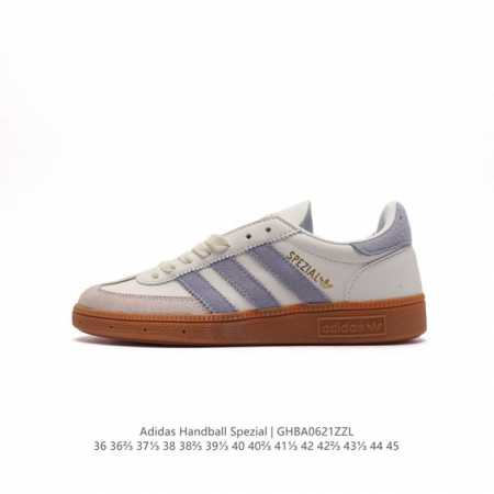 阿迪达斯 Adidas HANDBALL SPEZIAL 低帮三叶草学院风复古休闲板鞋 德训鞋 橡胶底柔软皮革经典运动鞋板鞋。圆头、缝合拼接设计、正面绑带、鞋舌 - 点击图像关闭