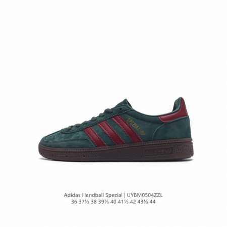 阿迪达斯 Adidas Handball Spezial 三叶草学院风复古休闲板鞋 德训鞋 橡胶底柔软皮革经典运动鞋板鞋。圆头、缝合拼接设计、正面绑带、鞋舌部位 - 点击图像关闭