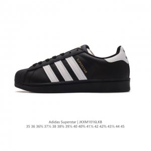全头层皮 阿迪达斯 Adidas Superstar 三叶草经典贝壳头系列 新款休闲板鞋潮流男女士运动鞋 。鞋面柔软皮革材质 标志性的贝壳鞋头，锯齿三条纹，简约