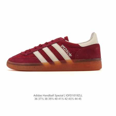 阿迪达斯 Adidas Handball Spezial 低帮三叶草学院风复古休闲板鞋 德训鞋 橡胶底柔软皮革织物拼接经典运动鞋板鞋。圆头、缝合拼接设计、正面绑 - 点击图像关闭