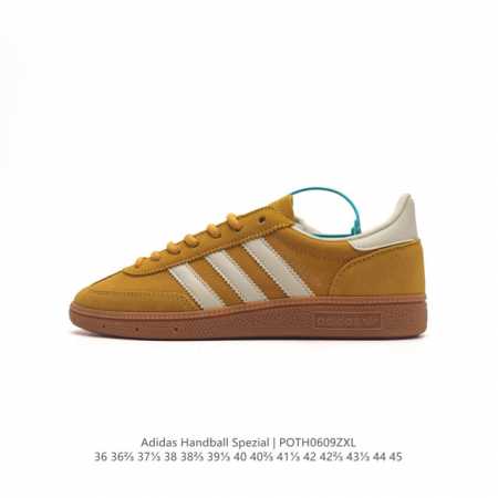 阿迪达斯 Adidas Handball Spezial 三叶草学院风复古休闲板鞋 德训鞋 橡胶底柔软皮革经典运动鞋板鞋。圆头、缝合拼接设计、正面绑带、鞋舌部位 - 点击图像关闭
