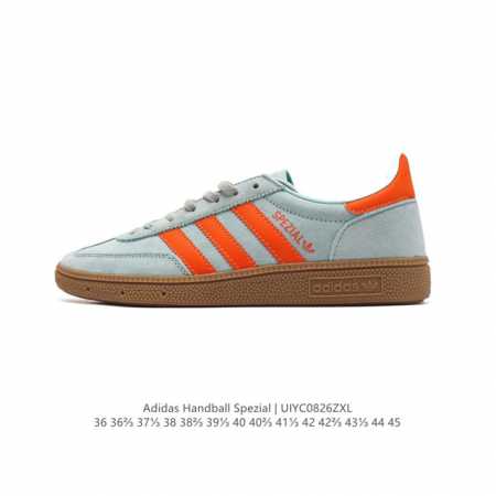 阿迪达斯 Adidas Handball Spezial 低帮三叶草学院风复古休闲板鞋 德训鞋 橡胶底柔软皮革经典运动鞋板鞋。圆头、缝合拼接设计、正面绑带、鞋舌 - 点击图像关闭