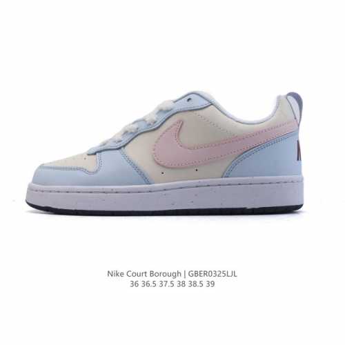 100 耐克（Nike）女子运动鞋 Court Borough Low 小空军低帮板鞋。1.其皮革材质的鞋面结合网眼鞋舌，在出众外观与质感的同时提供稳固支撑，并