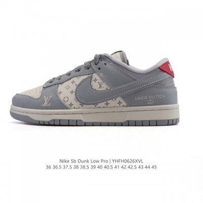 公司级 耐克 Nike Sb Dunk Low Pro 运动鞋复古板鞋 路易威登联名。采用柔软皮革织物拼接鞋面，经久耐穿，塑就如元年款 Dunk 般的复古质感。