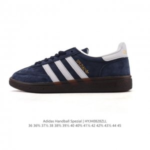 阿迪达斯 Adidas Handball Spezial 低帮三叶草学院风复古休闲板鞋 德训鞋 橡胶底柔软皮革经典运动鞋板鞋。圆头、缝合拼接设计、正面绑带、鞋舌