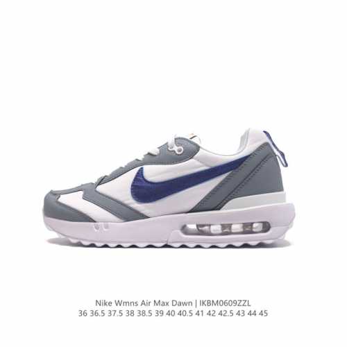 耐克 Nike Air Max Dawn 黎明系列 低帮气垫百搭休闲运动慢跑鞋，从配色上彰显出浓厚的复古气质。最大的亮点当属鞋型设计上加入结构元素，汲取1984