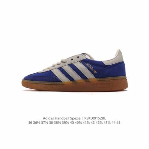 公司级 阿迪达斯 Adidas Handball Spezial 低帮三叶草学院风复古休闲板鞋 德训鞋 橡胶底柔软皮革经典运动鞋板鞋。圆头、缝合拼接设计、正面绑