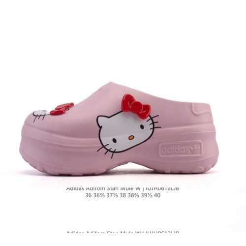 阿迪达斯 Adidas Adifom Hello Kitty 猫 蝴蝶结装饰品 夏季沙滩涉水百搭休闲拖凉拖鞋 超厚底增高 女鞋包头凉拖鞋。采用超轻95% 注塑