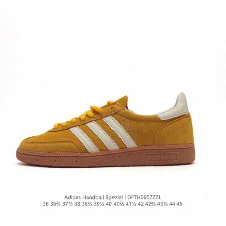 阿迪达斯 Adidas Handball Spezial 三叶草学院风复古休闲板鞋 德训鞋 橡胶底柔软皮革经典运动鞋板鞋。圆头、缝合拼接设计、正面绑带、鞋舌部位 - 点击图像关闭