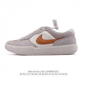 耐克Nike Sb Force 58 运动滑板鞋。这是一款将前沿创新带入街头的单品，它具有硫化杯底，具有出色的耐用性和灵活性。使用柔软皮革拼接，在饰面上放置通风