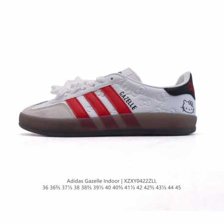 阿迪达斯 Adidas Originals Gazelle Indoor复古三叶草防滑透明橡胶板鞋经典运动鞋 2025年新款 Hello Kitty 猫 蝴蝶结 - 点击图像关闭