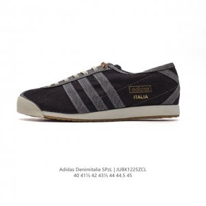 阿迪达斯 牛仔布 Adidas Denim Italia Spzl 防滑低帮运动板鞋。鞋子有模切 Eva 中底，用了一些从废料中提取的回收鞋材，防止生产原始鞋材